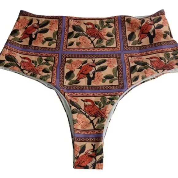 Unbranded Womens High Waist Bandeau Bikini Pink Combo Bird Floral M New - Picture 5 of 6